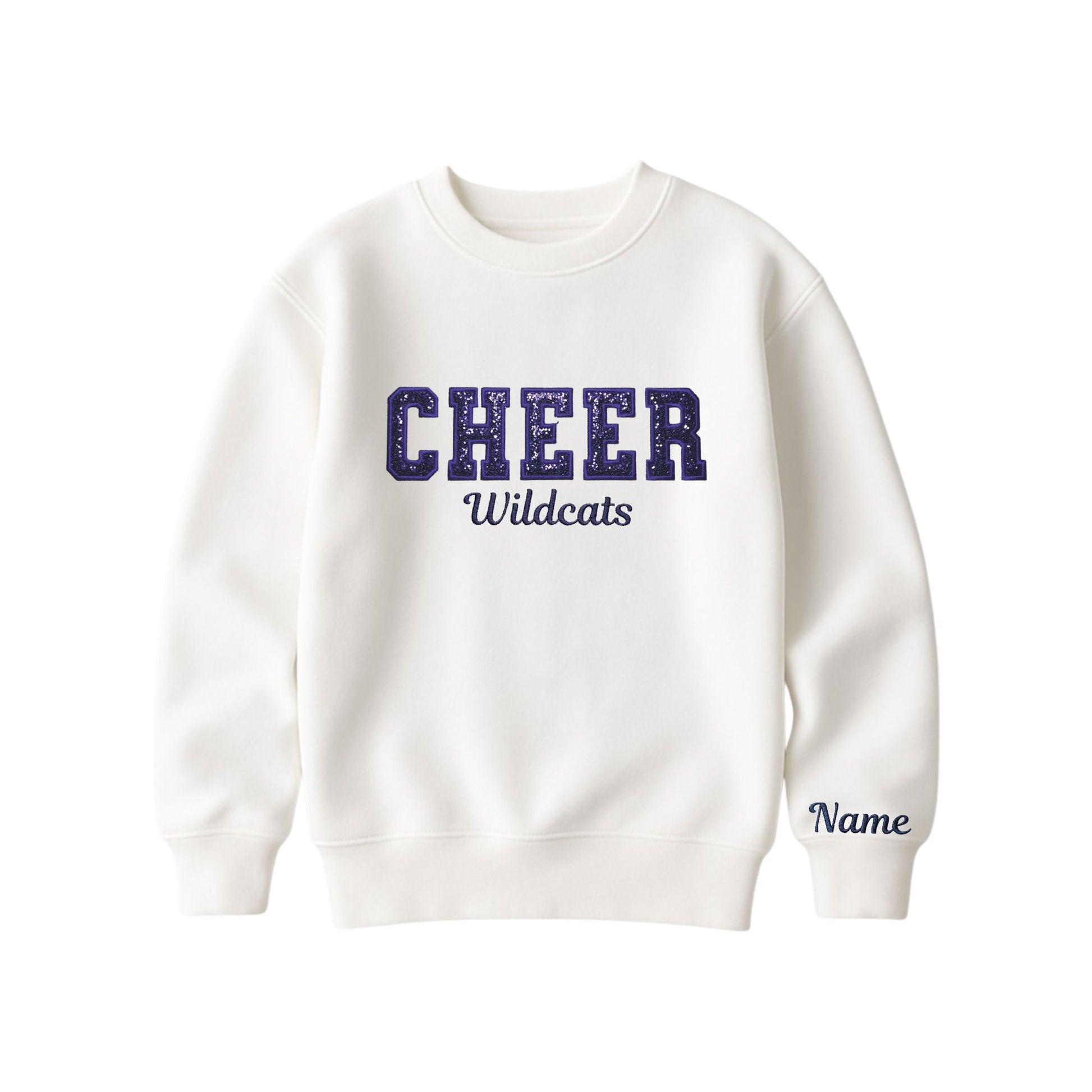 bleached linen boxy crewneck sweatshirt with navy glitter applique embroidery reading cheer with wildcats embroidered in a script font underneath, and an optional name embroidery in a script font on the left sleeve 