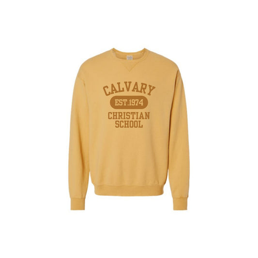 artisan gold garment-dyed comfort wash crewneck pullover with custom calvary christian school 1974 tone-on-tone print on the front center chest