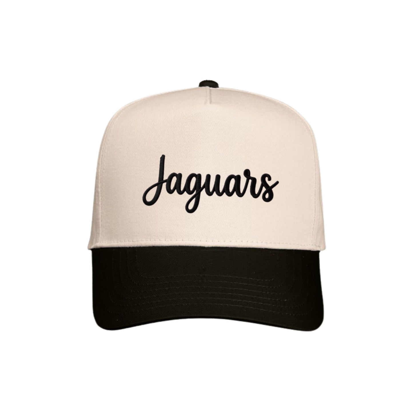 A two-tone baseball cap with an off-white crown and a black curved brim, featuring the word 'Jaguars' embroidered in black script across the front.