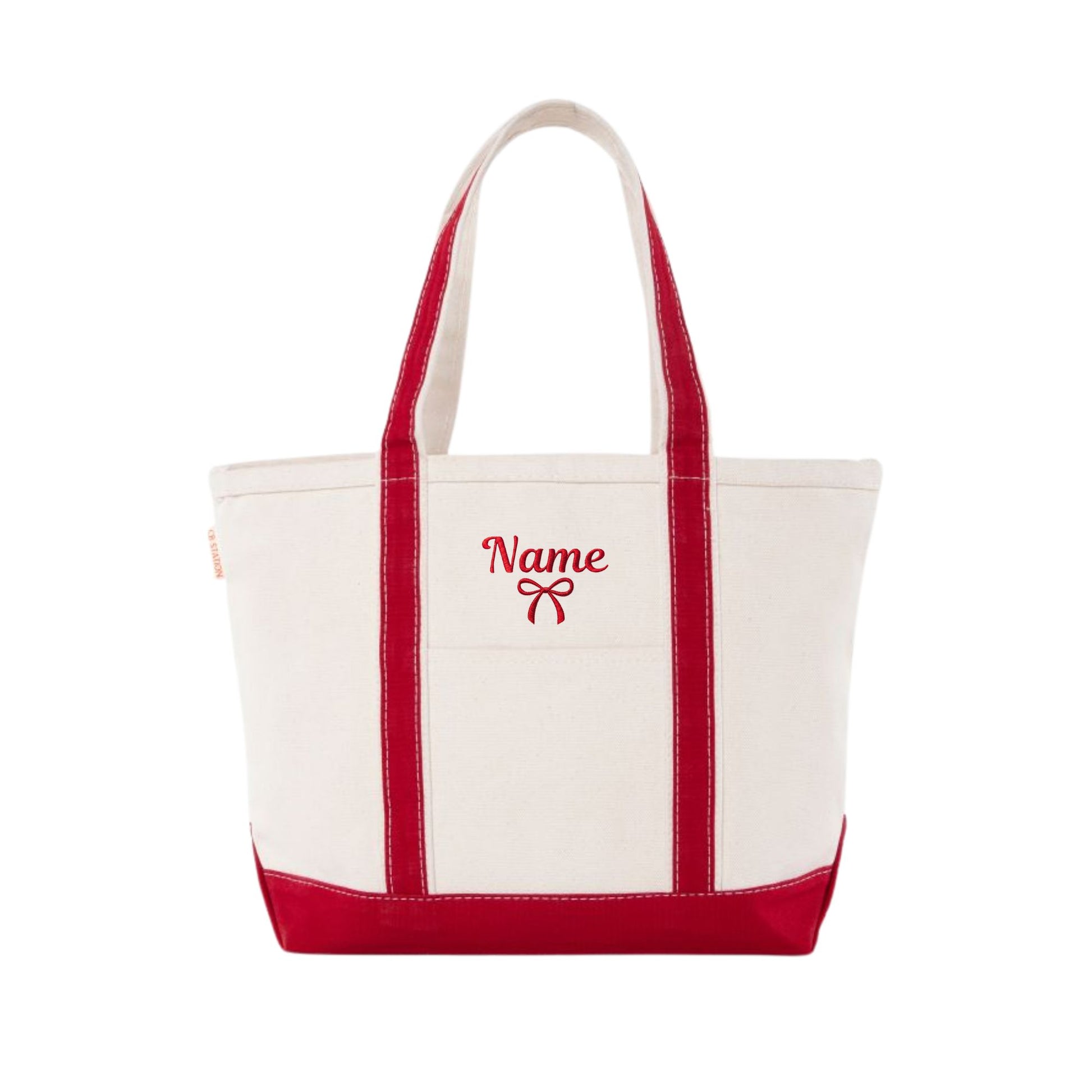 RED CANVAS TOTE WITH RED NAME AND BOW EMBROIDERED DESIGN