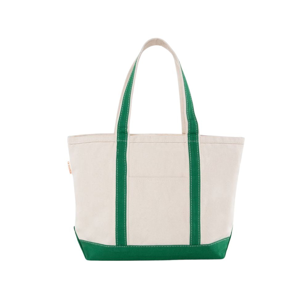 Natural tote bag with kelly green trim on a white background