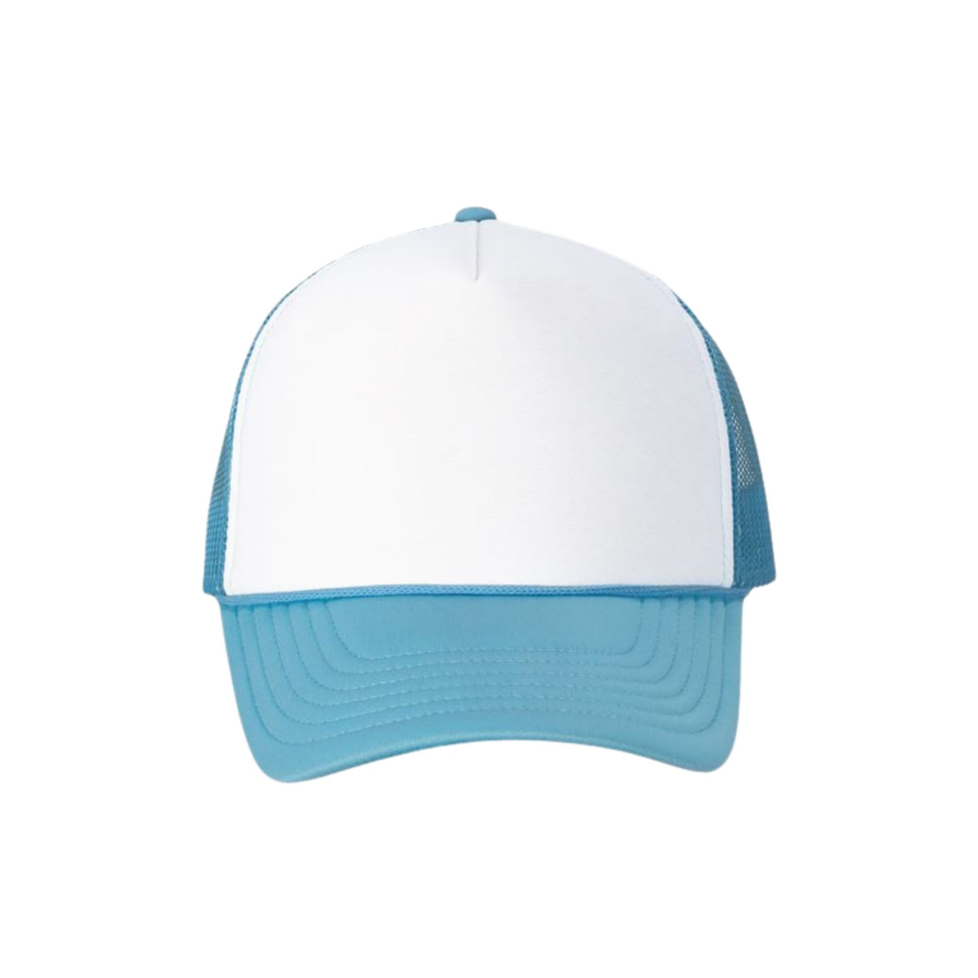 A trucker-style baseball cap with a white front panel, light blue mesh back, and light blue curved brim, shown against a plain white background.