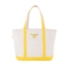 CANVAS TOTE WITH YELLOW TRIM AND CUSTOM NAME AND BOW EMBROIDERY IN YELLOW THREAD