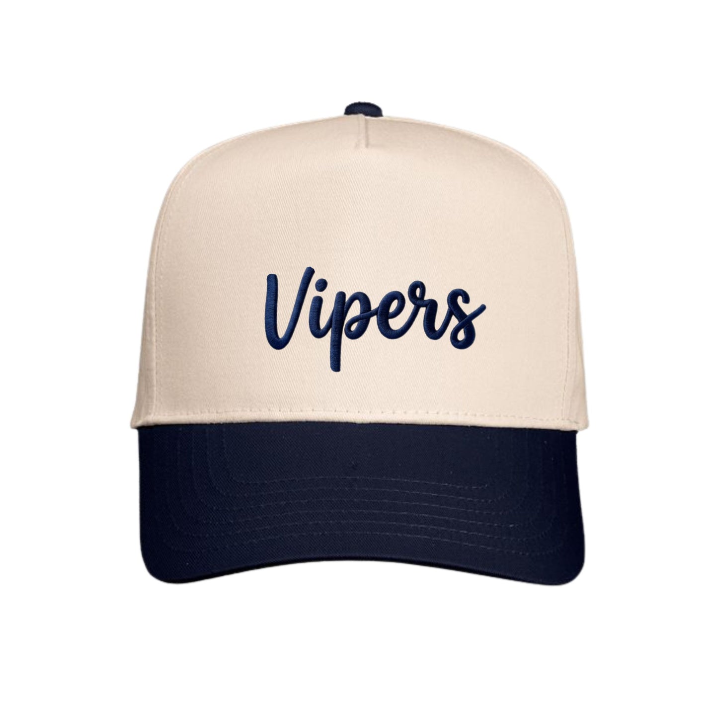 A structured baseball cap with a cream-colored front panel and a dark navy blue brim, featuring the word 'Vipers' embroidered in navy blue script across the front.