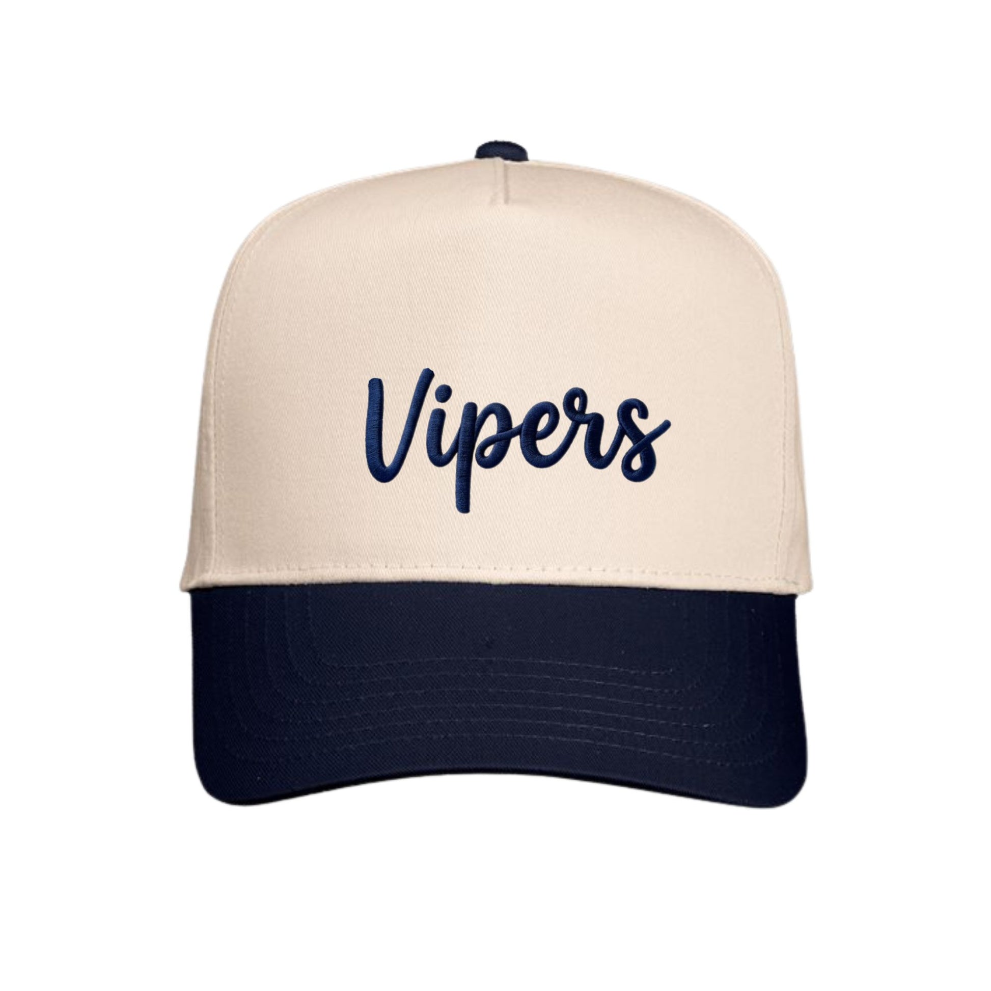 A structured baseball cap with a cream-colored front panel and a dark navy blue brim, featuring the word 'Vipers' embroidered in navy blue script across the front.
