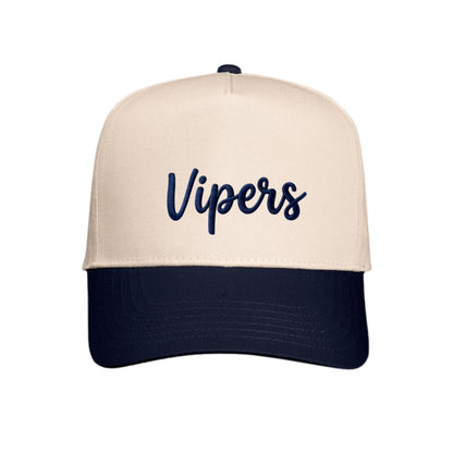 A structured baseball cap with a cream-colored front panel and a dark navy blue brim, featuring the word 'Vipers' embroidered in navy blue script across the front.