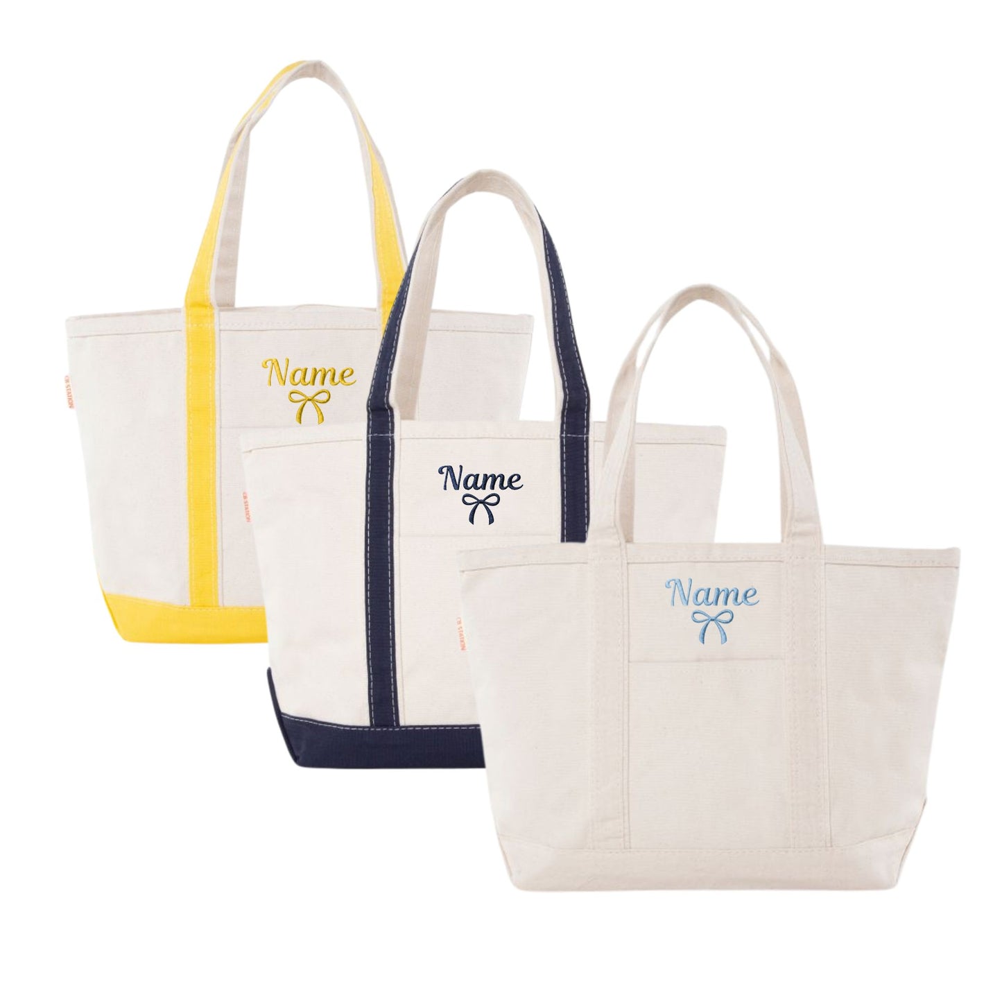 3 CANVAS TOTES WITH NAME AND BOW EMBROIDERED DESIGNS