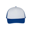 A classic trucker hat with a white front panel, blue mesh back, and blue curved brim, shown against a plain white background.