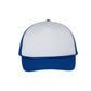 A classic trucker hat with a white front panel, blue mesh back, and blue curved brim, shown against a plain white background.