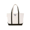 CANVAS TOTE WITH BLACK TRIM AND CUSTOM NAME AND BOW EMBROIDERY IN BLACK THREAD
