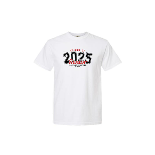 white comfort colors t-shirt with custom class of 2025 senior printed design on the center chest