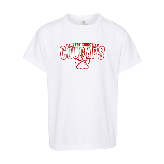 red calvary christian cougars paw print design on a white comfort colors tee