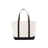 Natural tote bag with black trim on a white background