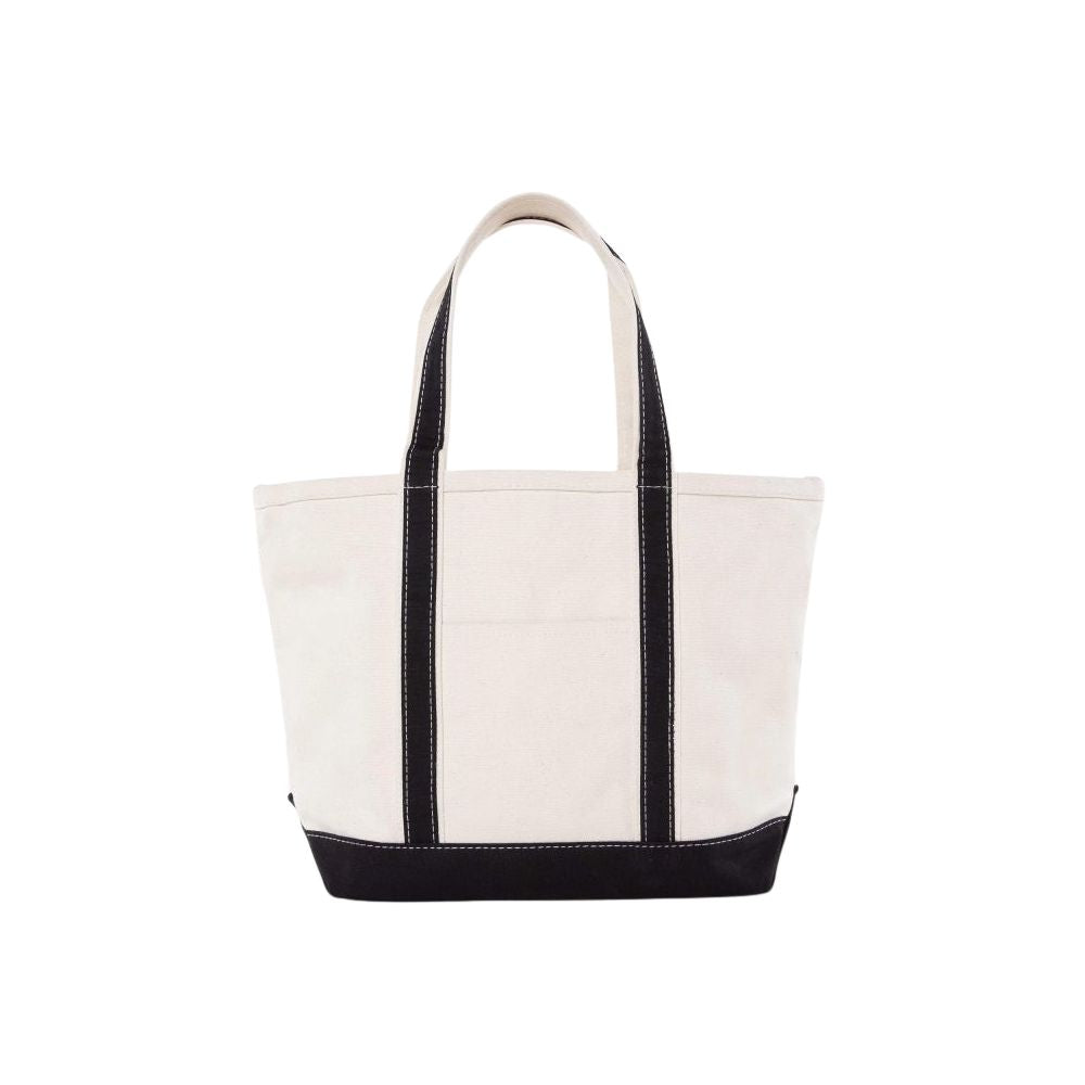 Natural tote bag with black trim on a white background