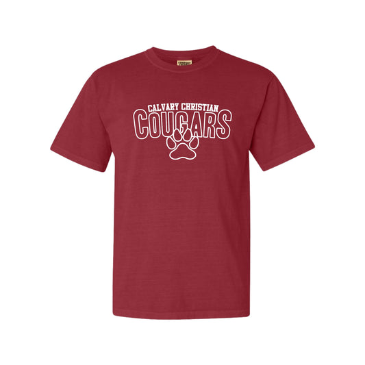 white calvary christian cougars paw print design on a crimson comfort colors tee