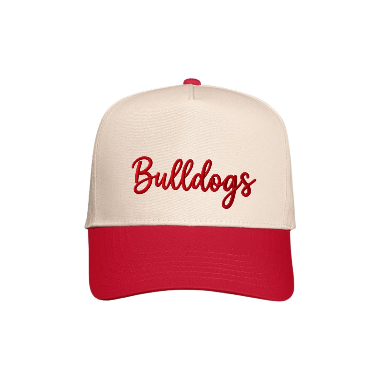 A baseball cap with an off-white crown and a red curved brim, featuring the word 'Bulldogs' embroidered in red script across the front.