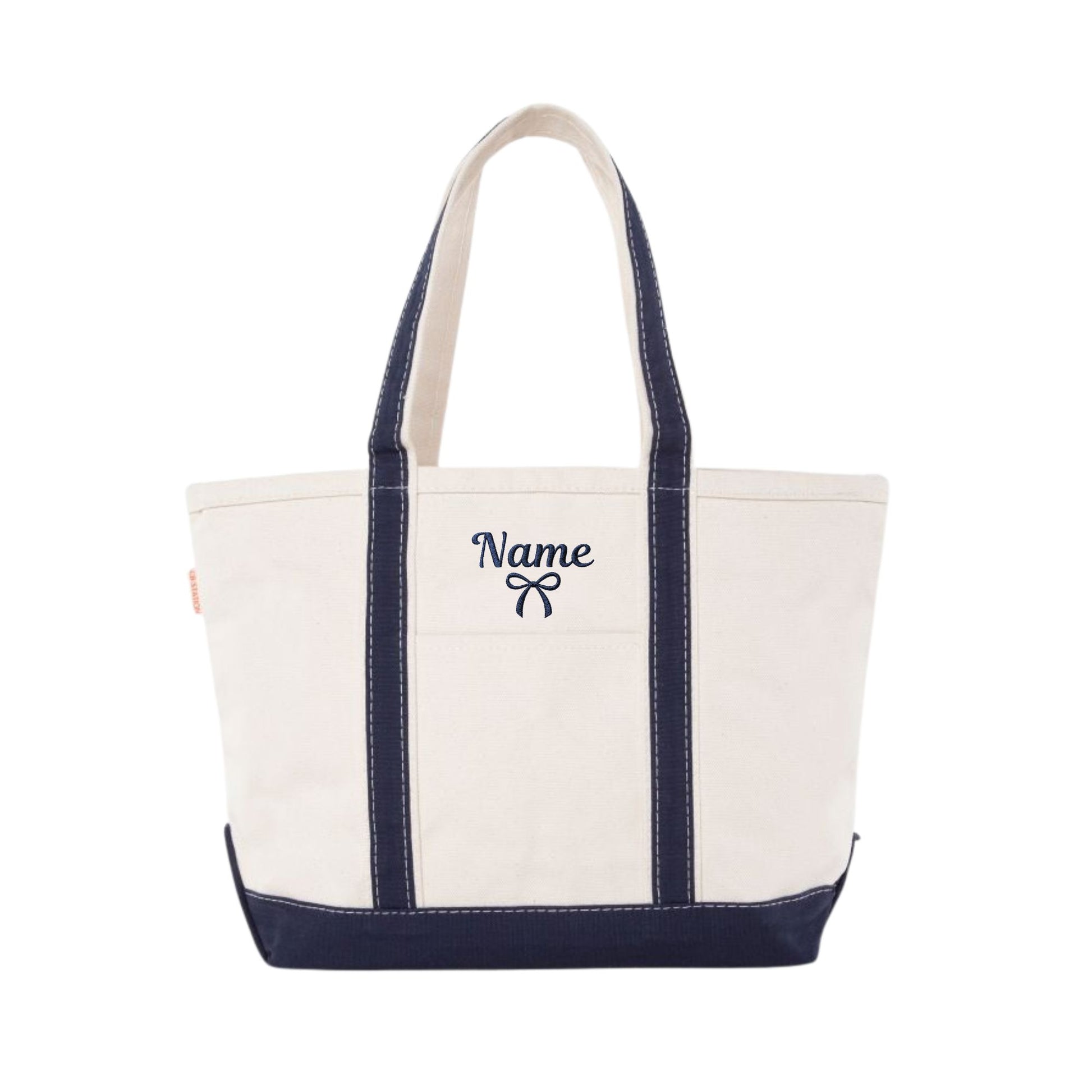 NAVYCANVAS TOTE WITH NAVY BLUE NAME AND BOW EMBROIDERED DESIGN