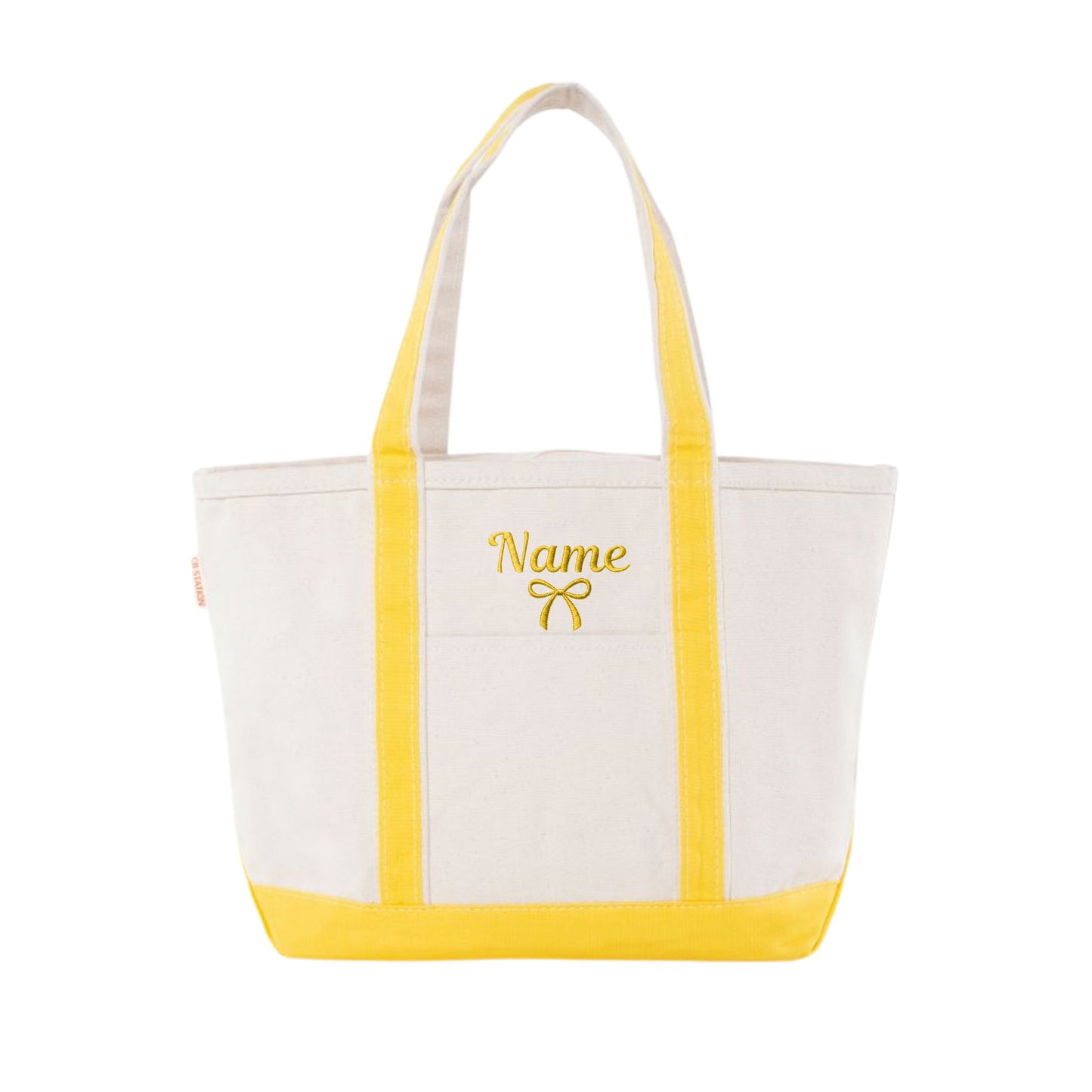 YELLOW CANVAS TOTE WITH YELLOW NAME AND BOW EMBROIDERED DESIGN