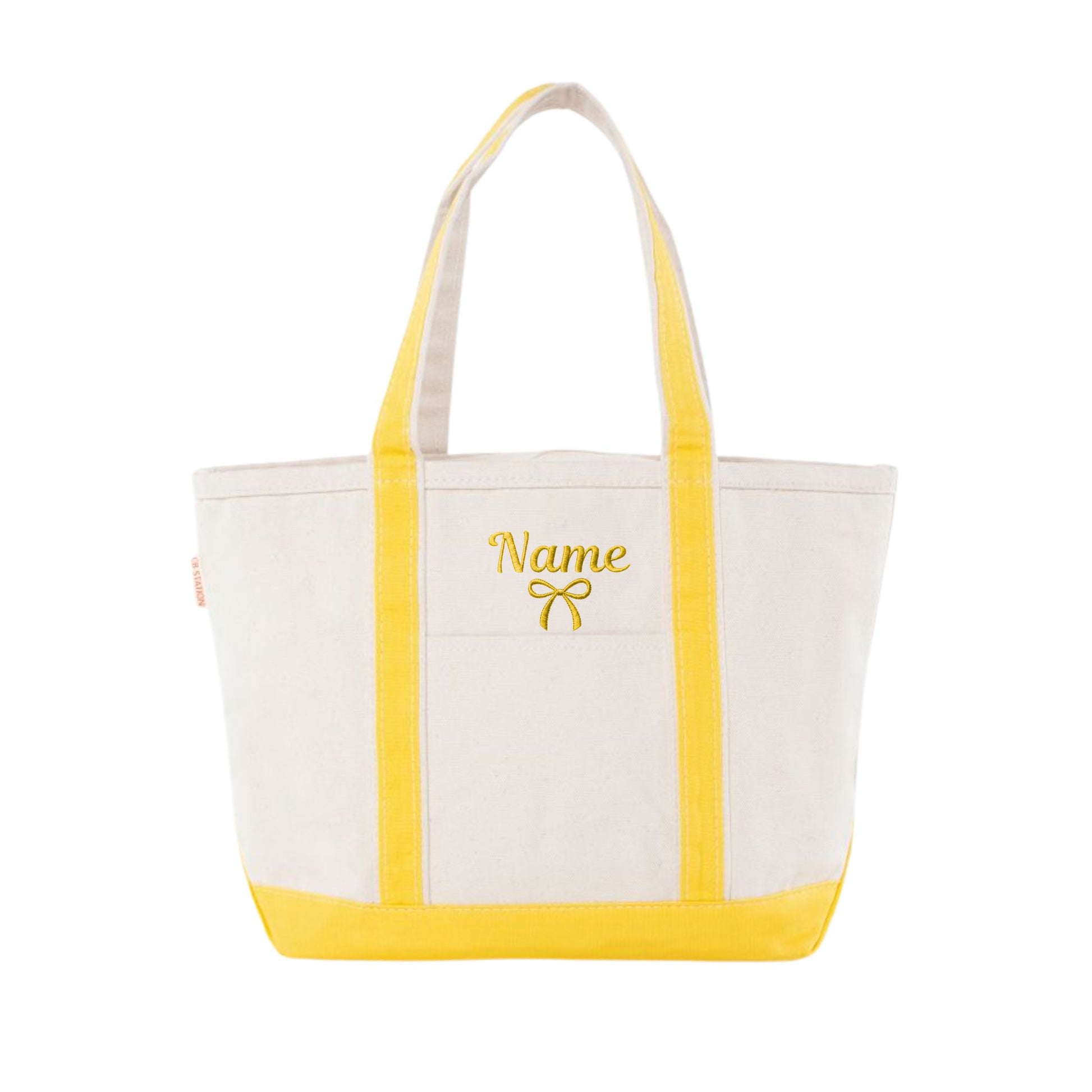 YELLOW CANVAS TOTE WITH YELLOW NAME AND BOW EMBROIDERED DESIGN