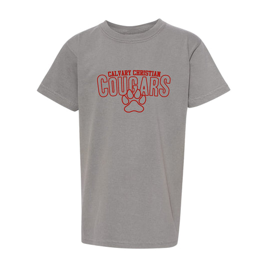 red calvary christian cougars paw print design on a graphite comfort colors tee