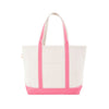 Natural tote bag with coral trim on a white background