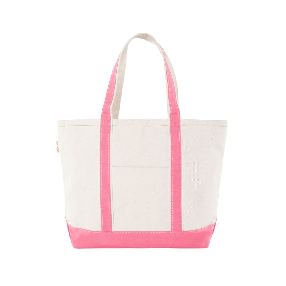 Natural tote bag with coral trim on a white background