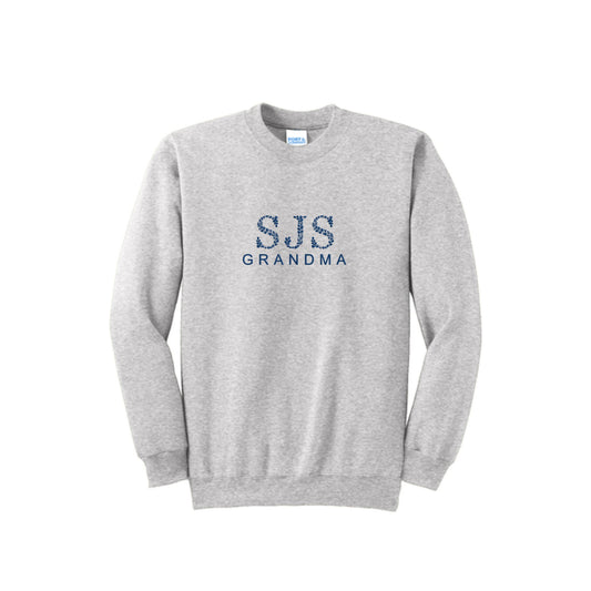 ash sweatshirt with floral font sjs grandma embroidered in navy blue thread