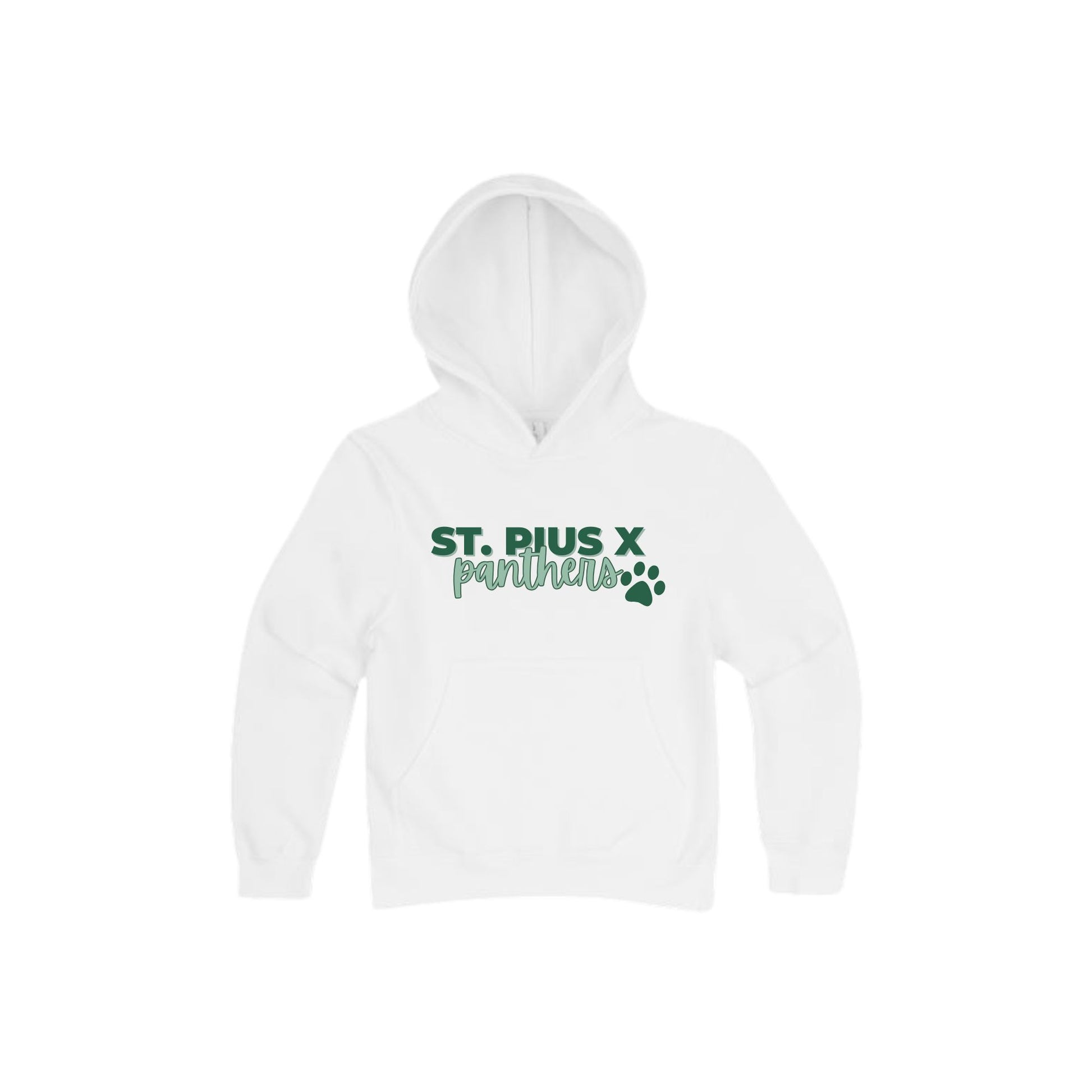White hoodie with 'St. Pius X Panthers' text and paw print on a white background