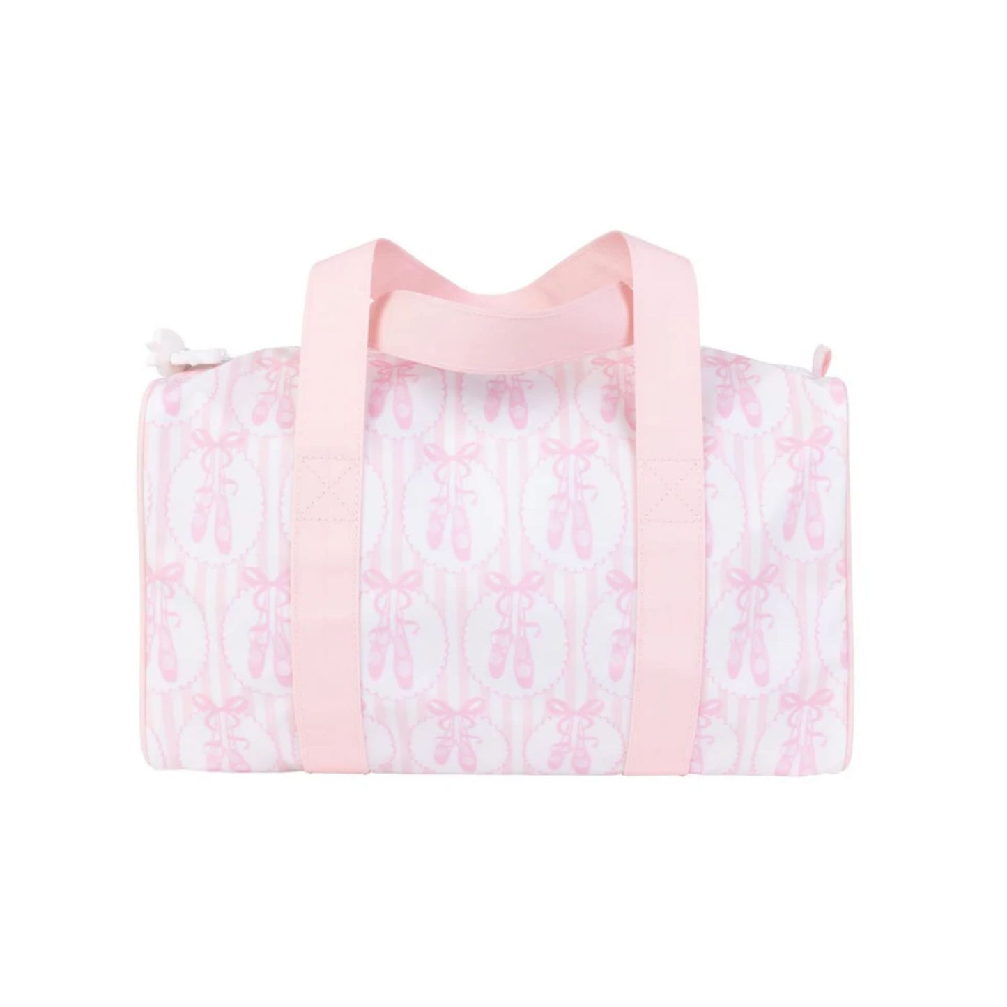 Pink and white duffel bag with ballet slippers pattern on a white background