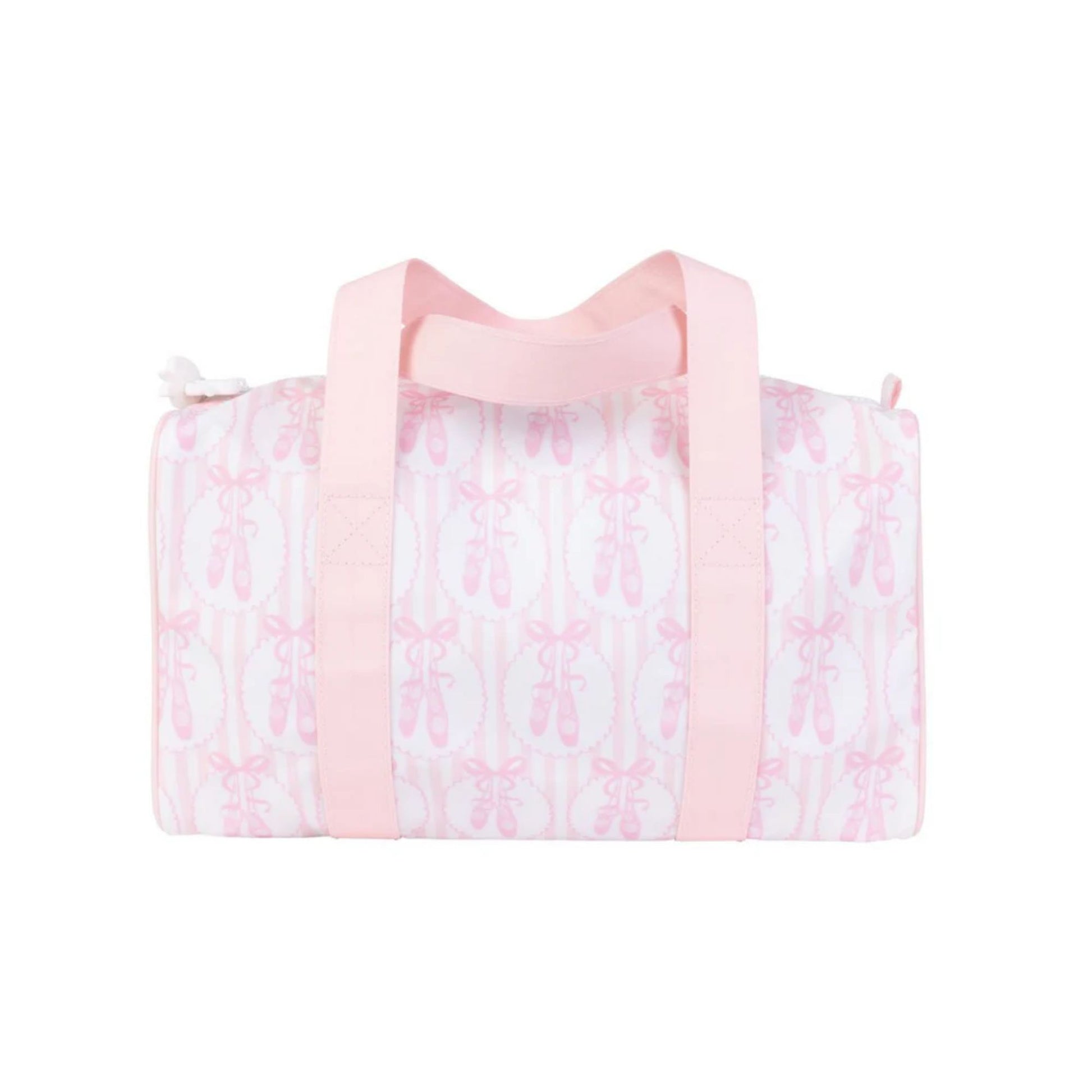Pink and white duffel bag with ballet slippers pattern on a white background