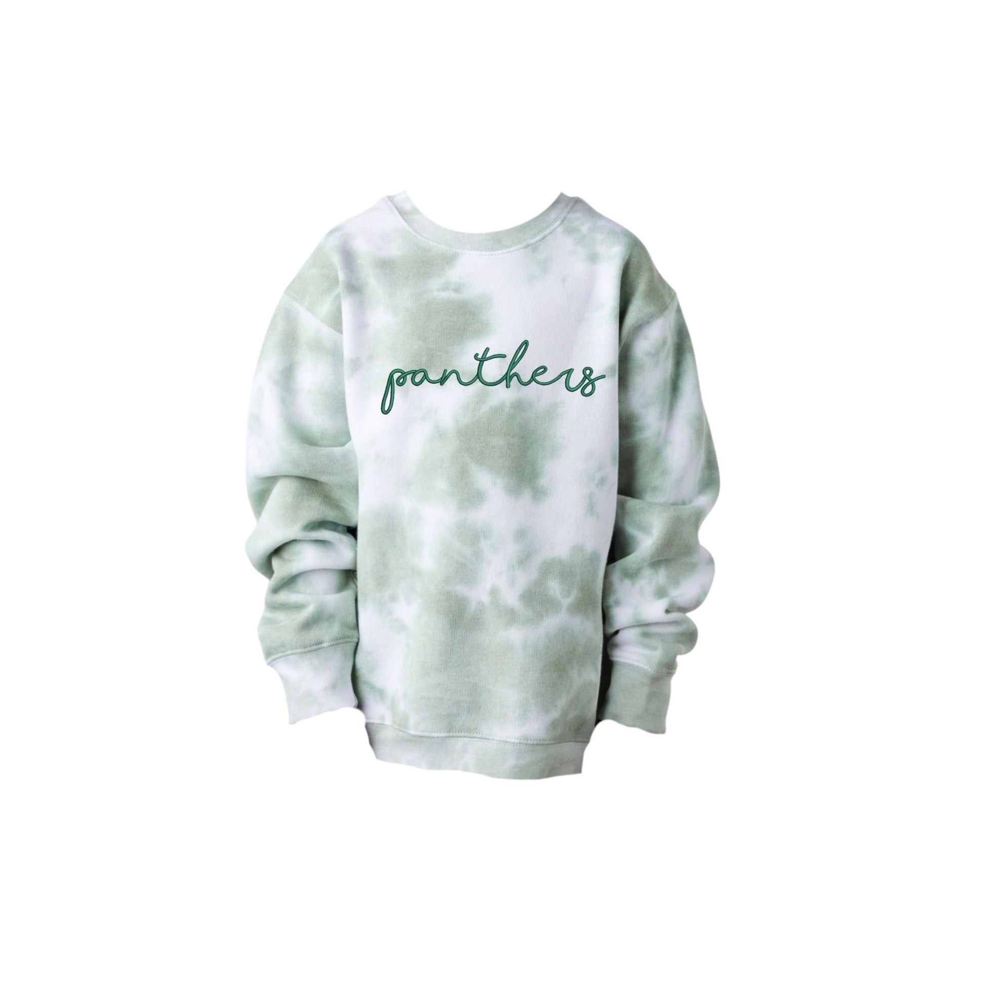 greenstone tie dye sweatshirt with 'panthers' embroidered in hunter green thread on the center chest