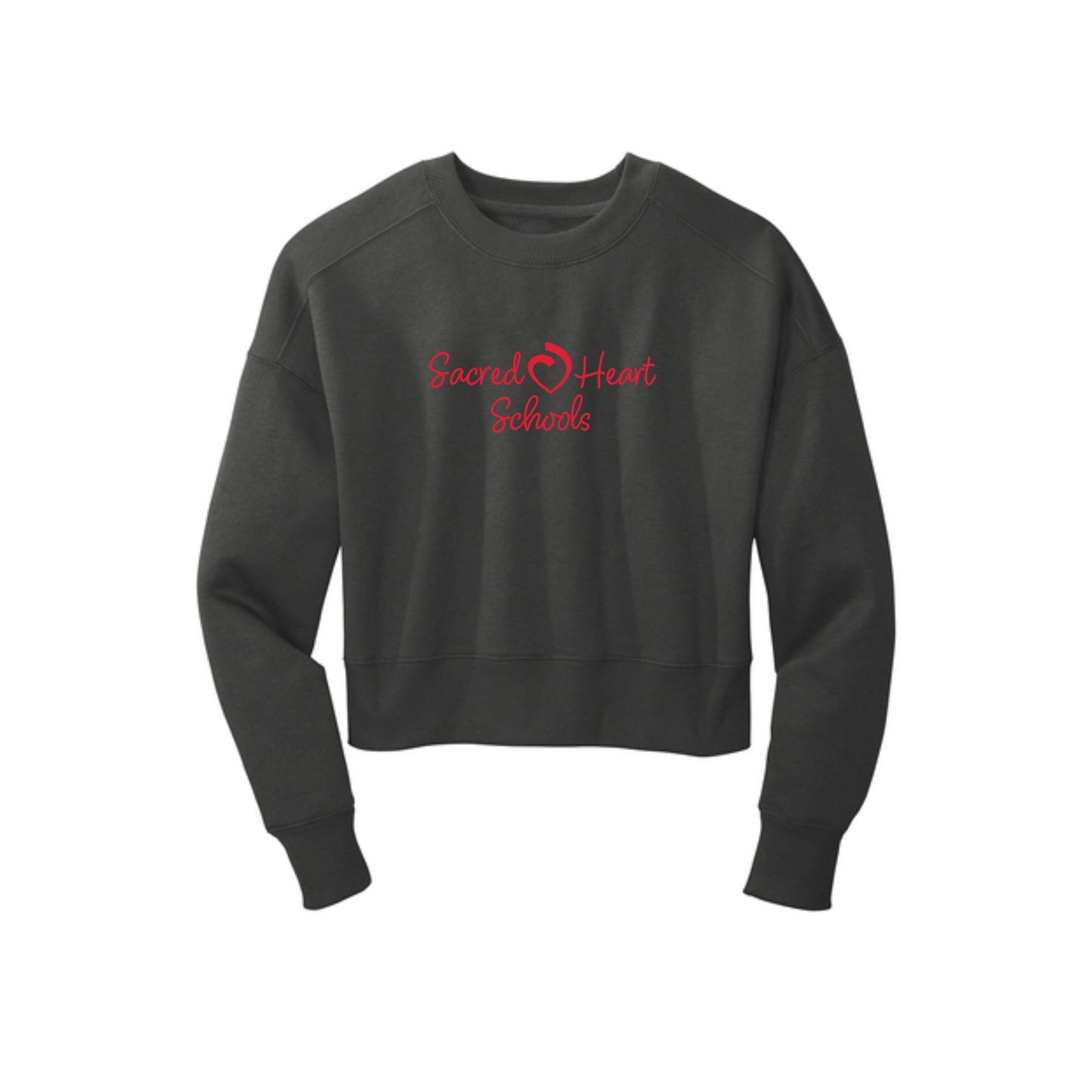 heathered charcoal women's cropped crewneck sweatshirt with custom sacred heart schools print on the front chest