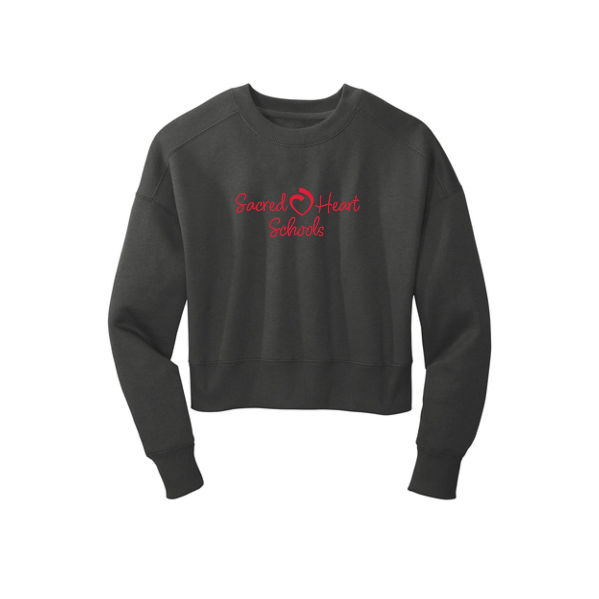 heathered charcoal women's cropped crewneck sweatshirt with custom sacred heart schools print on the front chest