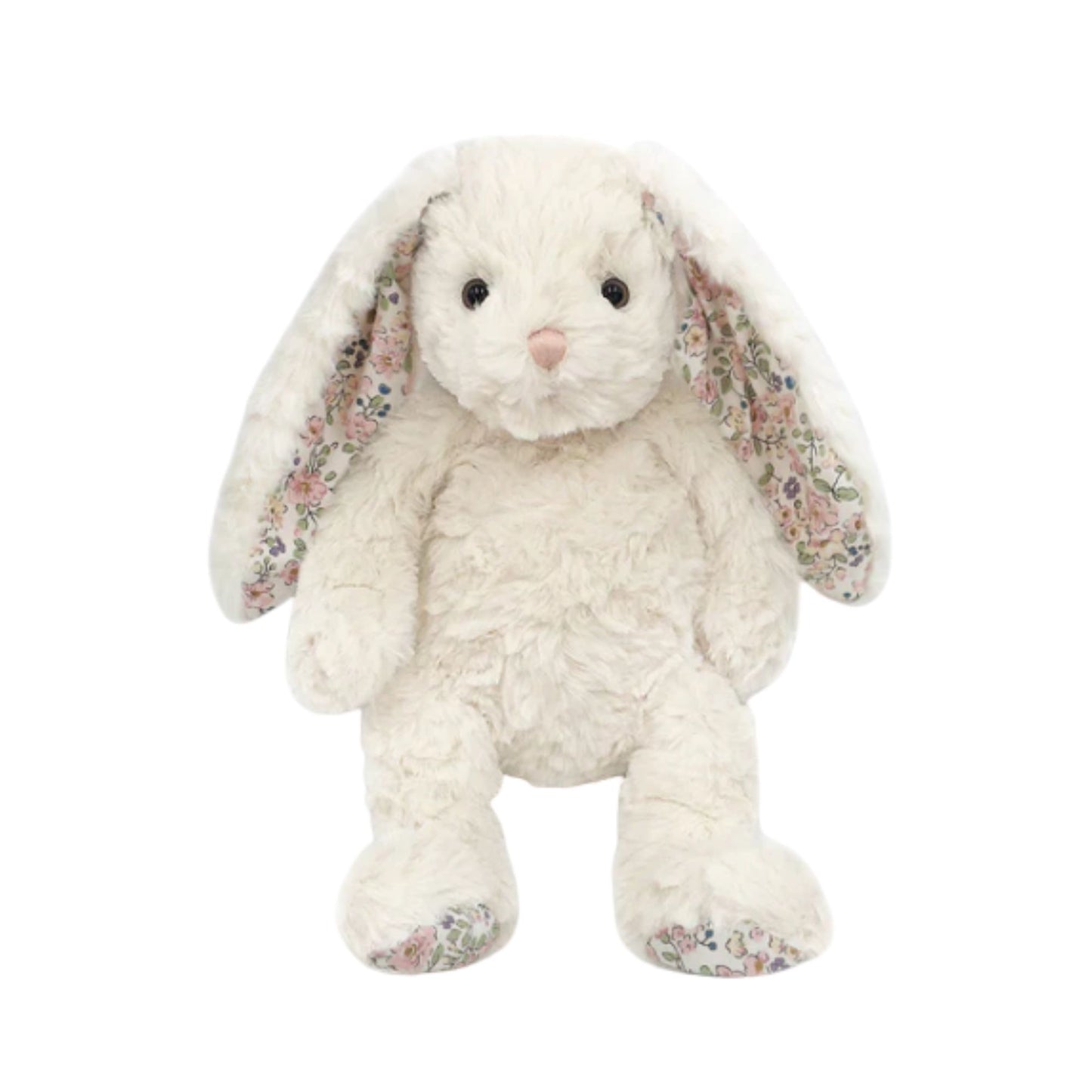 White plush bunny with floral ears on a white background