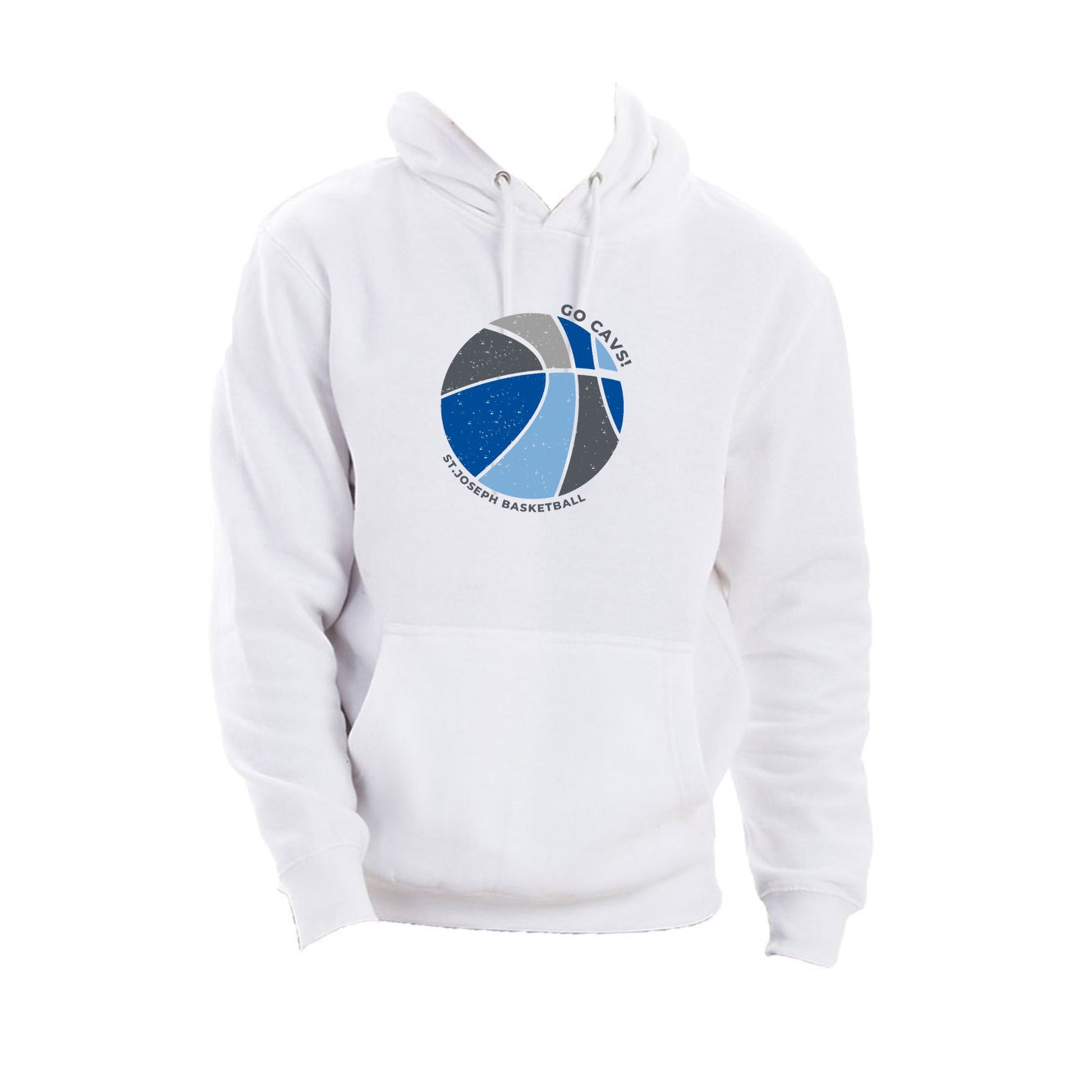 white hooded sweatshirt with custom printed distressed basketball Go Cavs design in blues and grays