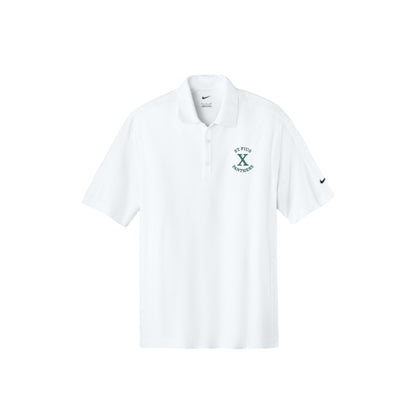 White polo shirt with a logo on a white background