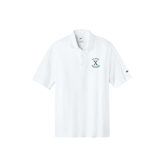 White polo shirt with a logo on a white background