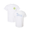 White t-shirt with text and logo on a white background