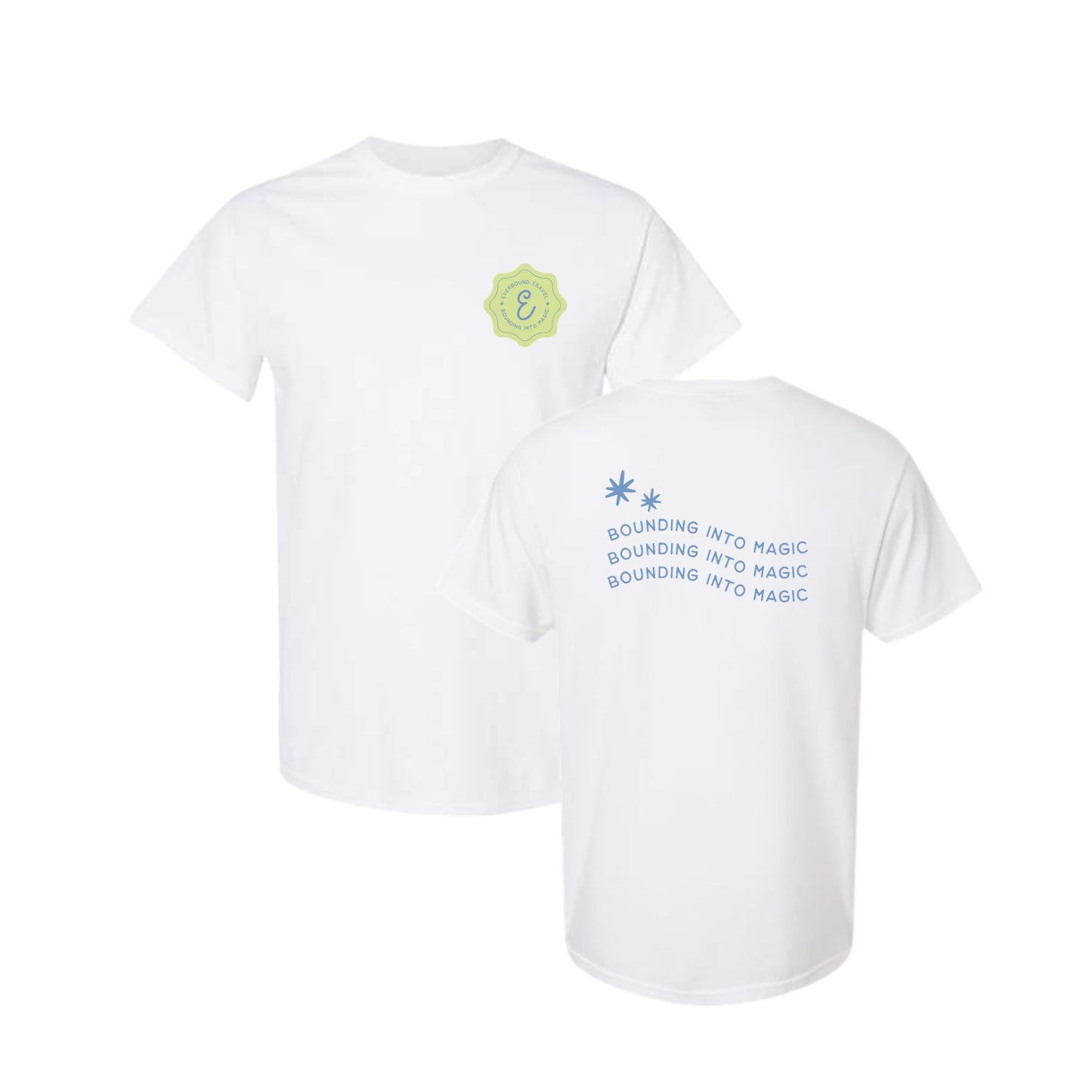 White t-shirt with text and logo on a white background