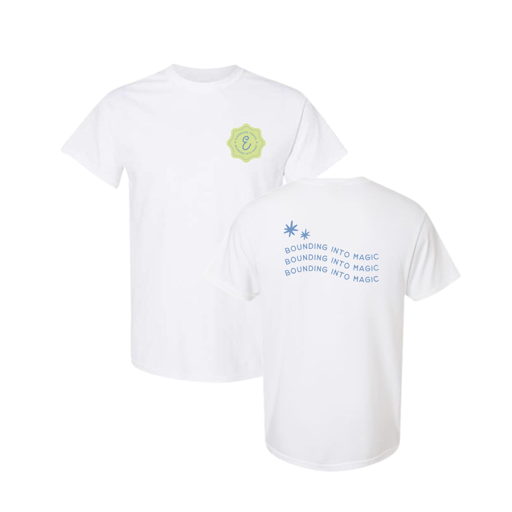 White t-shirt with text and logo on a white background