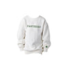 white youth sweatshirt with PANTHERS embroidered in an outlined varsity font and green thread on the center chest and a mini paw print on the left cuff