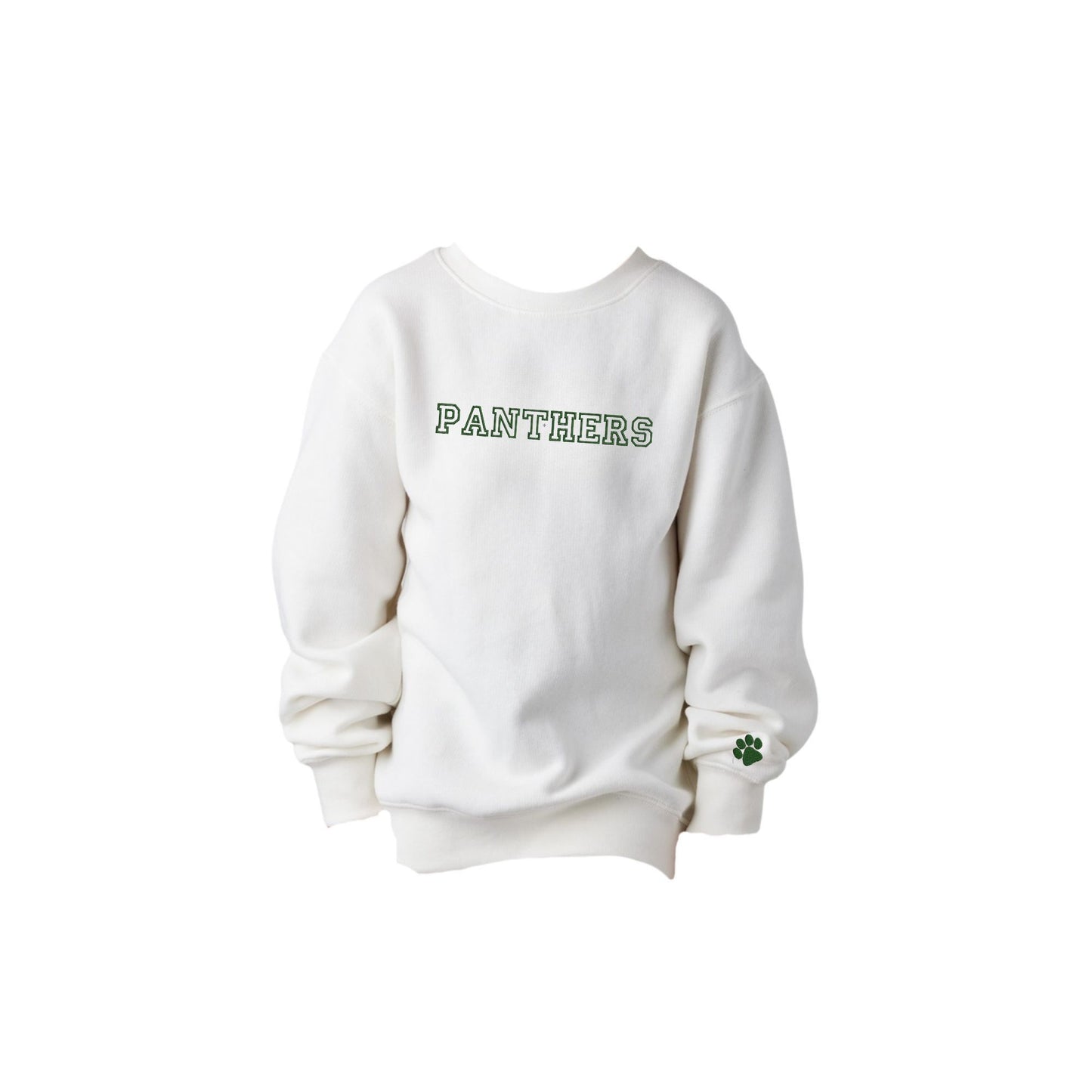 white youth sweatshirt with PANTHERS embroidered in an outlined varsity font and green thread on the center chest and a mini paw print on the left cuff