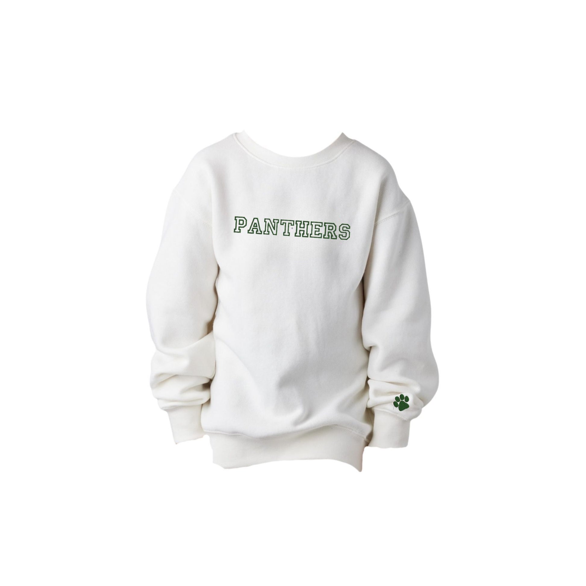 white youth sweatshirt with PANTHERS embroidered in an outlined varsity font and green thread on the center chest and a mini paw print on the left cuff