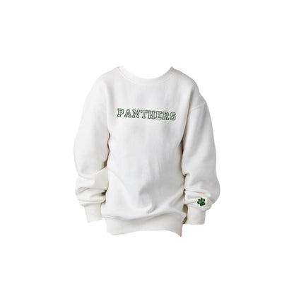 white youth sweatshirt with PANTHERS embroidered in an outlined varsity font and green thread on the center chest and a mini paw print on the left cuff