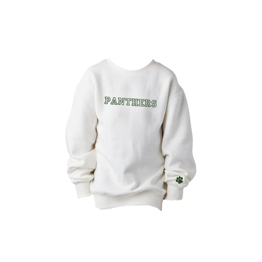 white youth sweatshirt with PANTHERS embroidered in an outlined varsity font and green thread on the center chest and a mini paw print on the left cuff