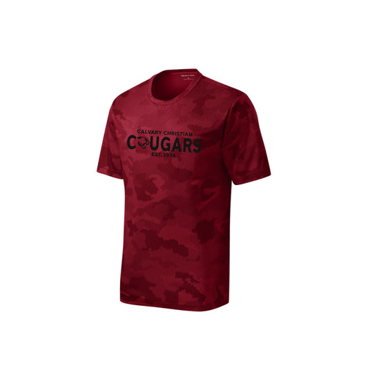 red camohex tee with custom calvary christian cougars print in black ink across the center chest