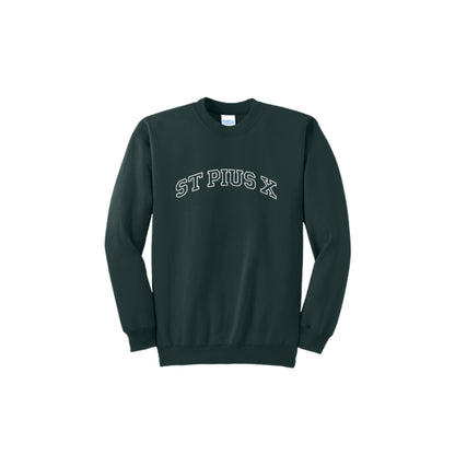 Dark green sweatshirt with embroidered 'ST PIUS X' varsity font design on the center chest in white thread