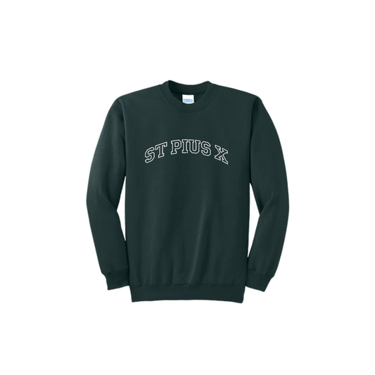 Dark green sweatshirt with embroidered 'ST PIUS X' varsity font design on the center chest in white thread