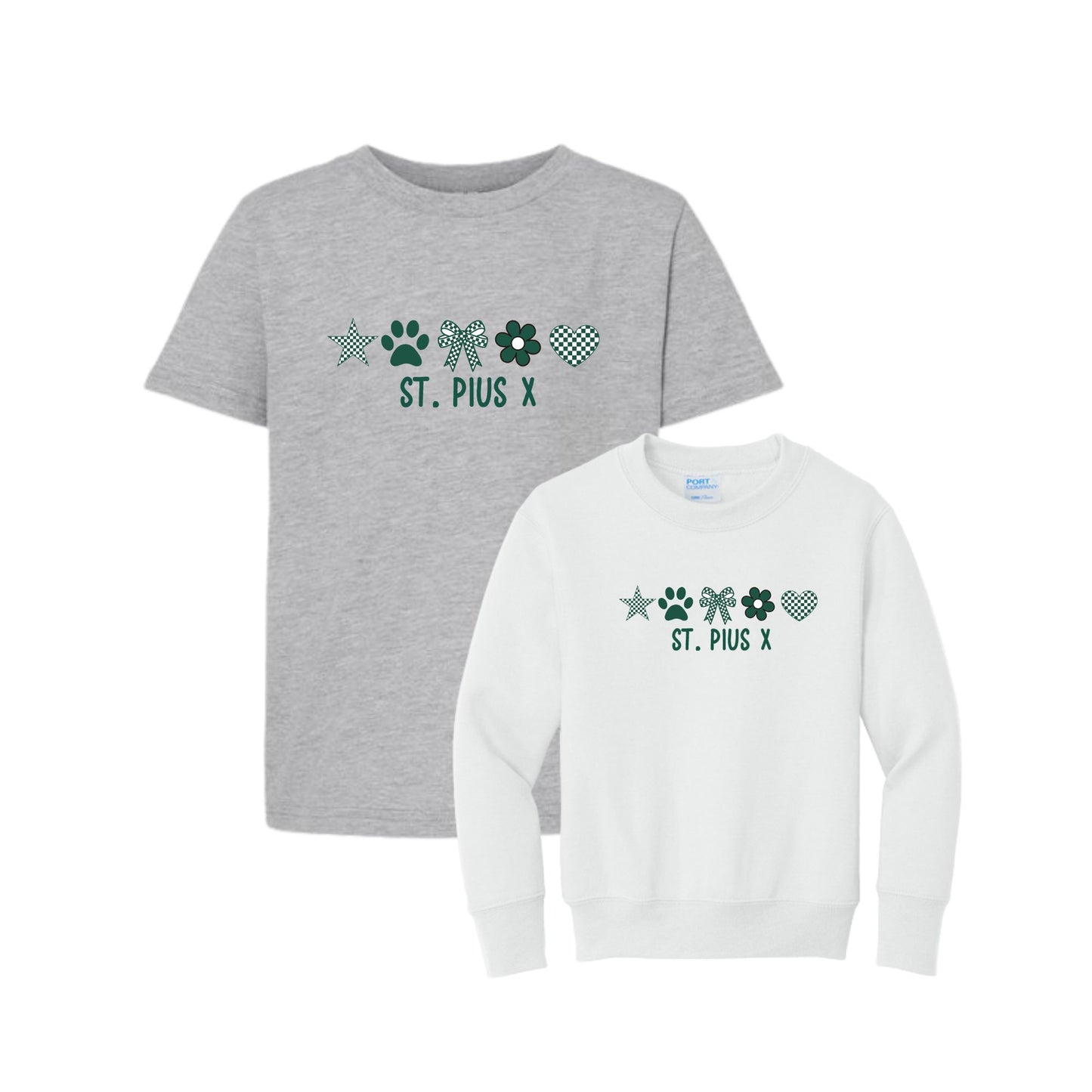 Apparel set featuring a heather gray short-sleeve t-shirt and a white long-sleeve crewneck sweatshirt, both printed with a dark green St. Pius X themed graphic on the chest.