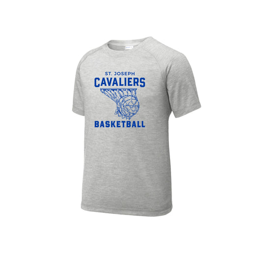 light heather Gray t-shirt with 'St. Joseph Cavaliers Basketball' text and basketball/net design printed in blue ink on the center chest